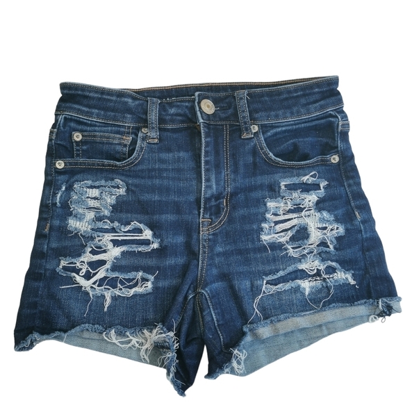 American Eagle Dark Denim Hi-Rise Short Next Level Stretch‎ Distressed Shorts - Picture 1 of 8
